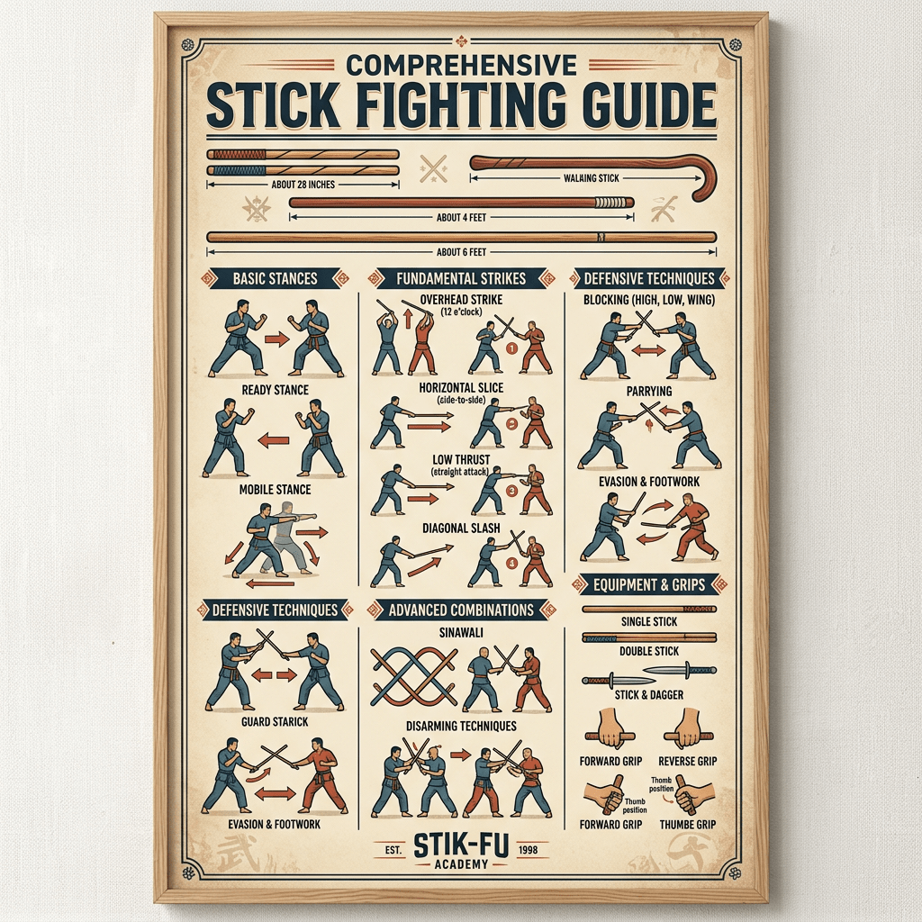 Stick fighting guide with stances, strikes, defensive techniques, equipment, and grip instructions