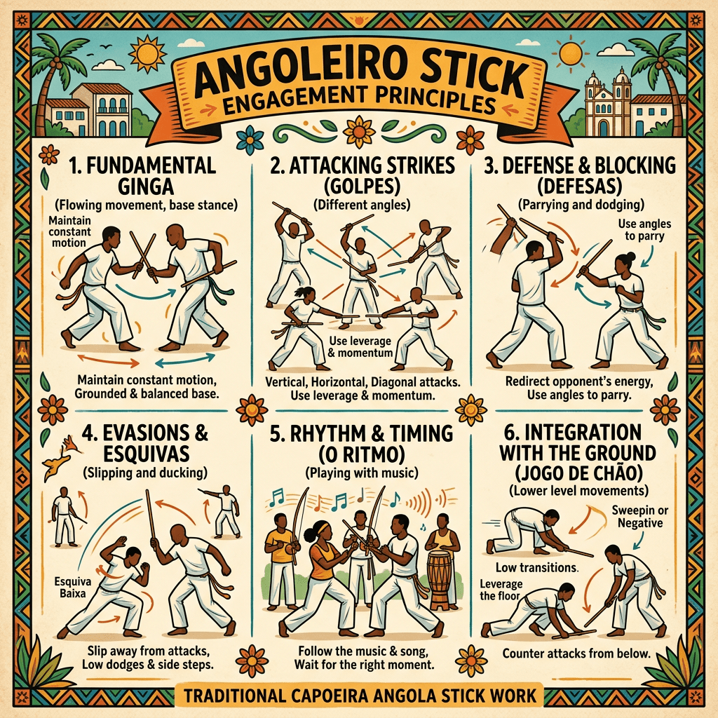 Illustrated guide depicting six principles of Angoleiro stick engagement in Capoeira Angola including ginga, attacking strikes, defense, evasions, rhythm, and ground integration