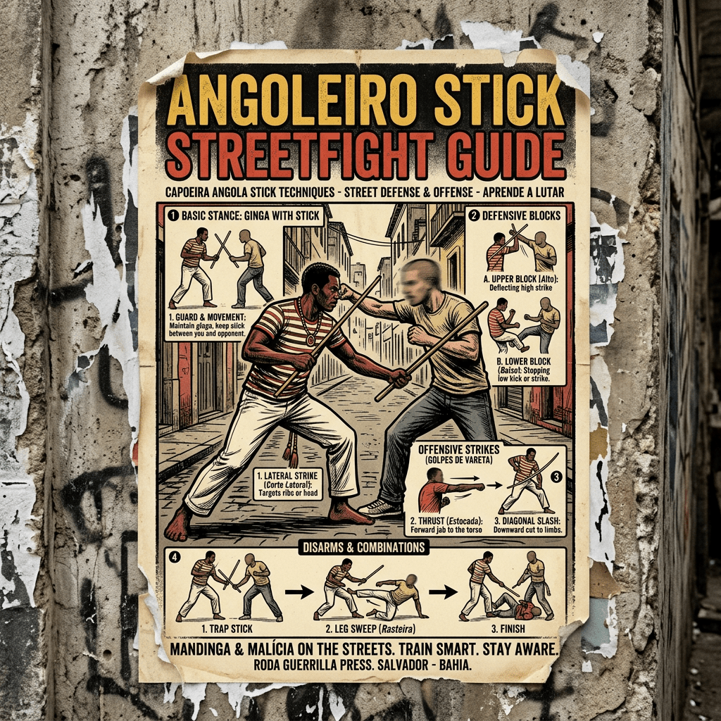 Illustrated guide depicting Capoeira Angola stick fighting basic stance, defensive blocks, offensive strikes, and disarm combinations.
