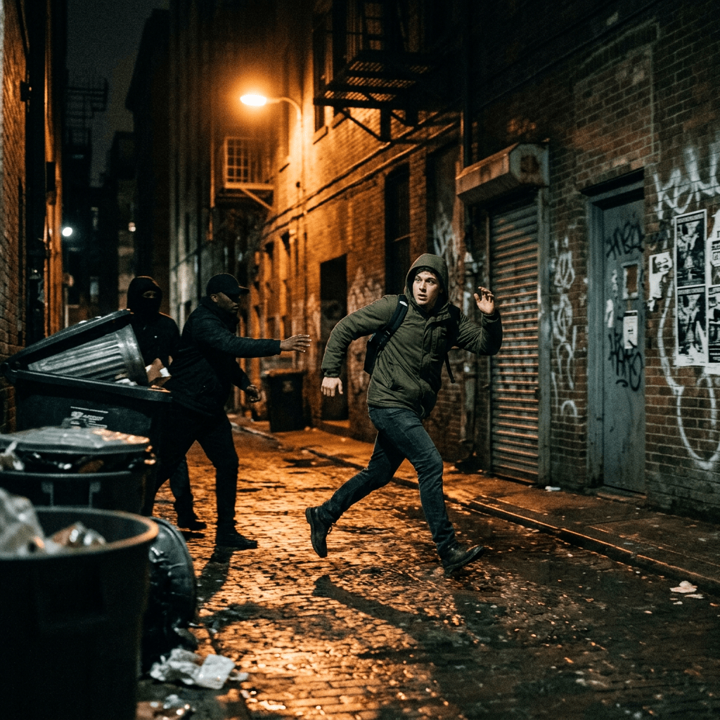 Man running away from two pursuers in a dark urban alley at night