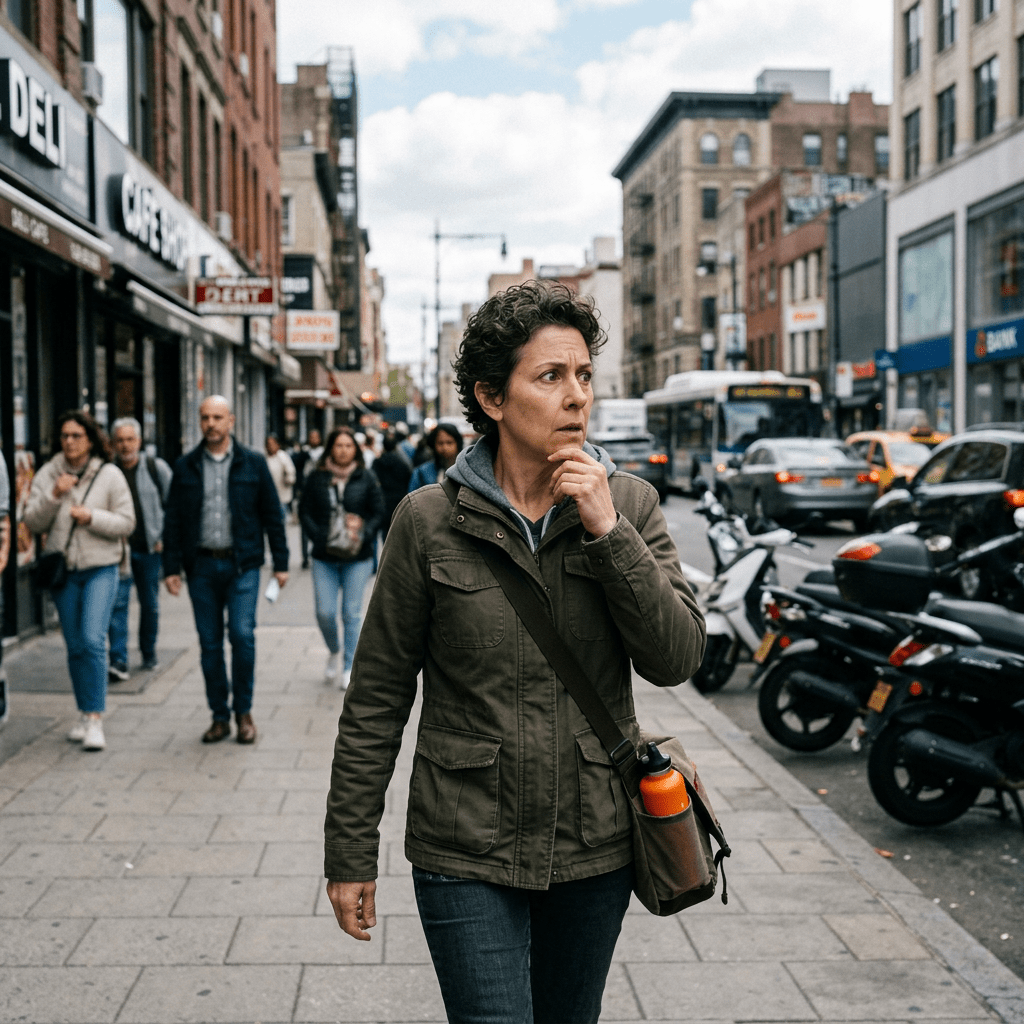 Woman walking on a city sidewalk with busy street and pedestrians