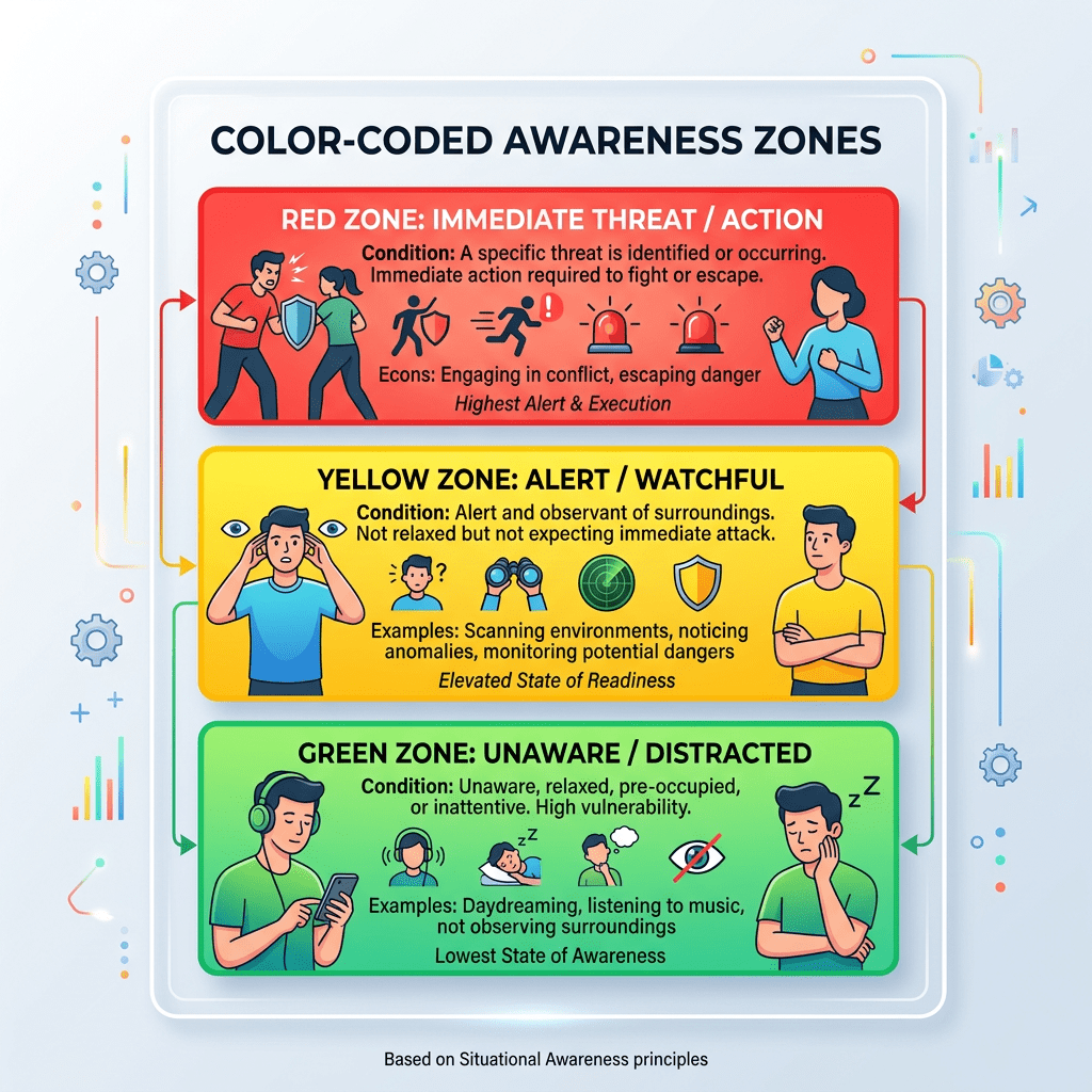 Diagram showing red, yellow, and green zones representing immediate threat, alert, and unaware states of awareness with examples and conditions.