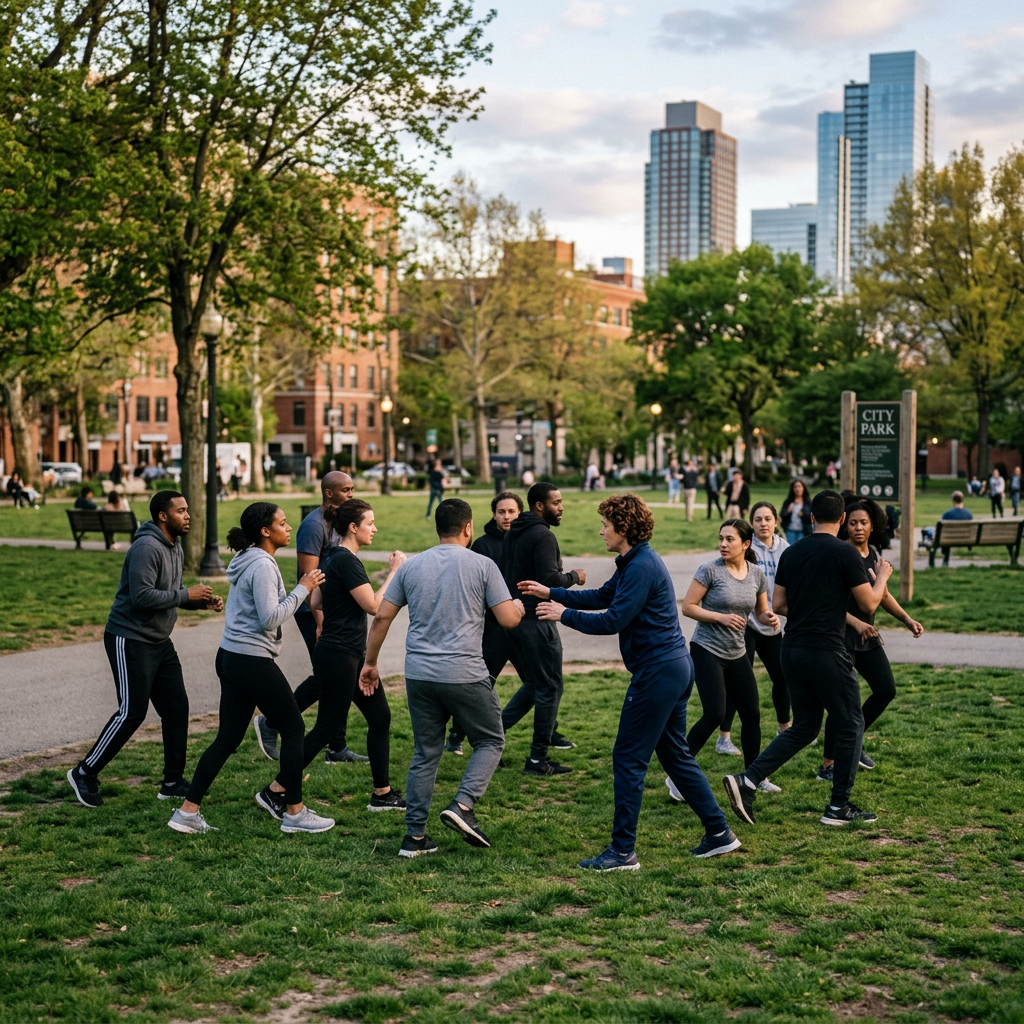 Group practicing awareness drills in urban park