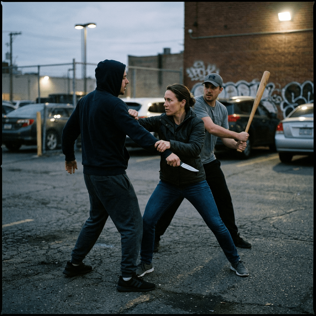 Defensive control against knife and bat attacker