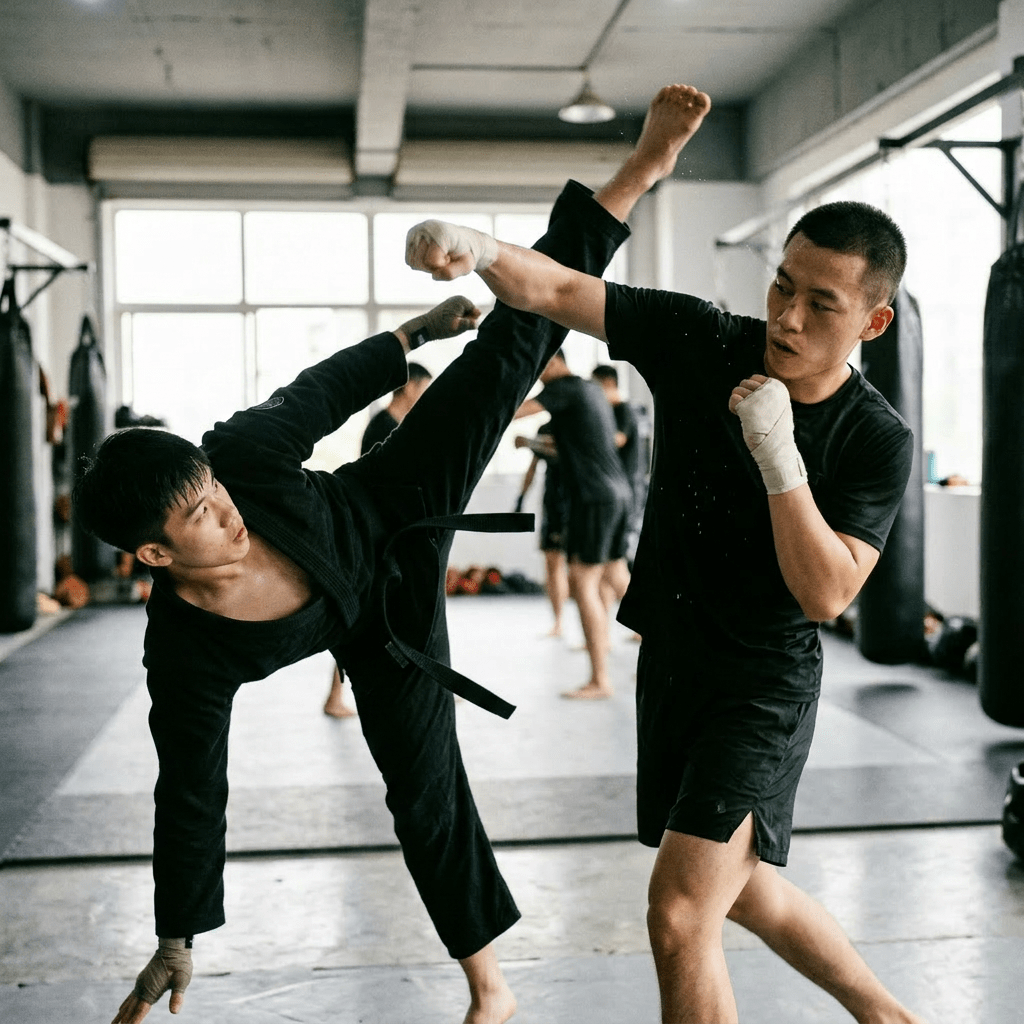 Two men sparring with hand wraps in a martial arts gym