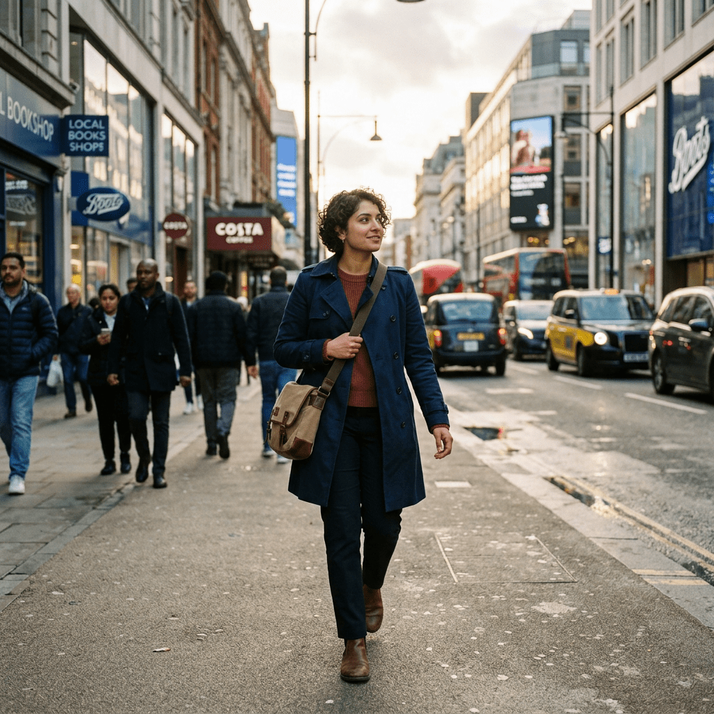 Confident pedestrian scanning urban street environment