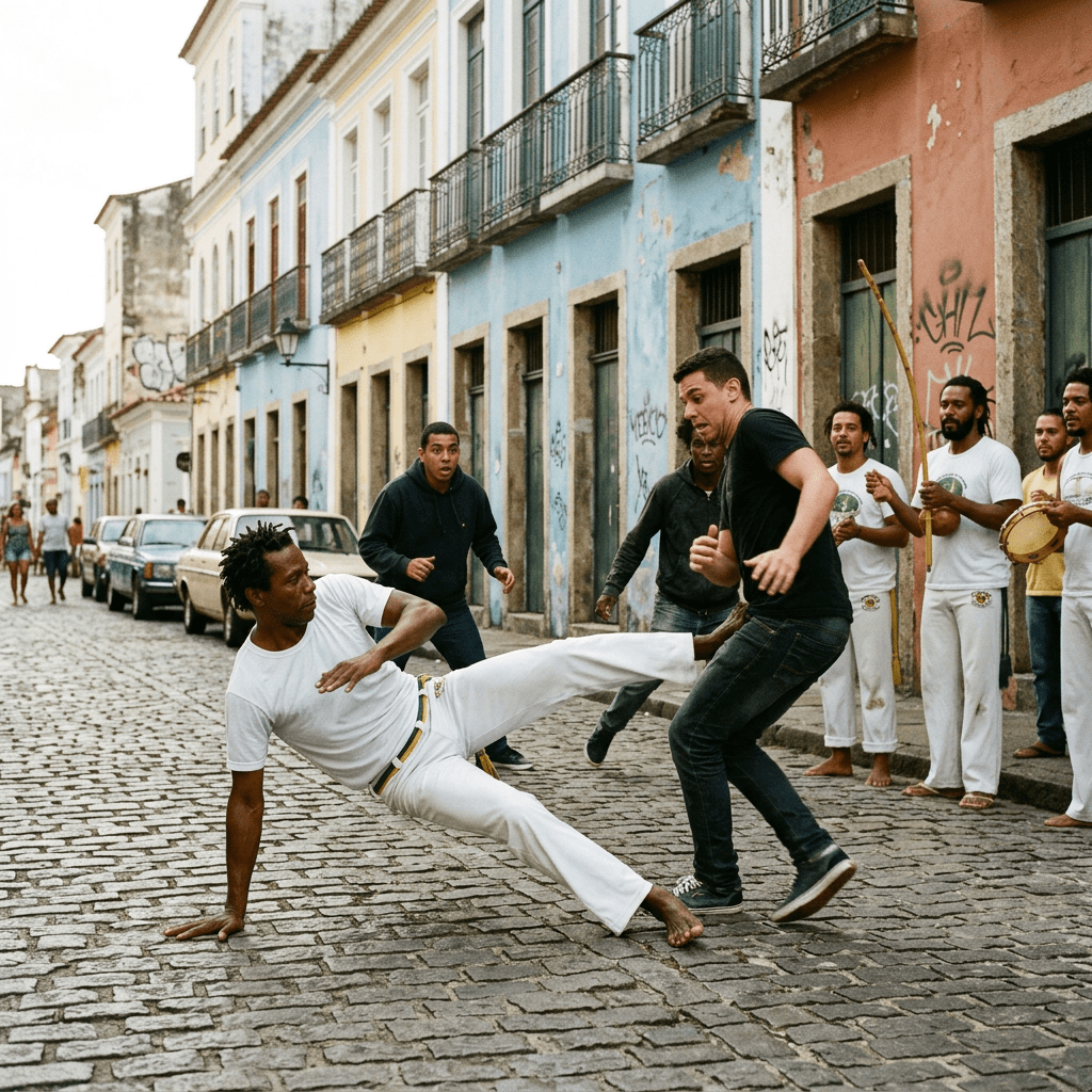 Capoeira Angola counterambush scene in urban setting