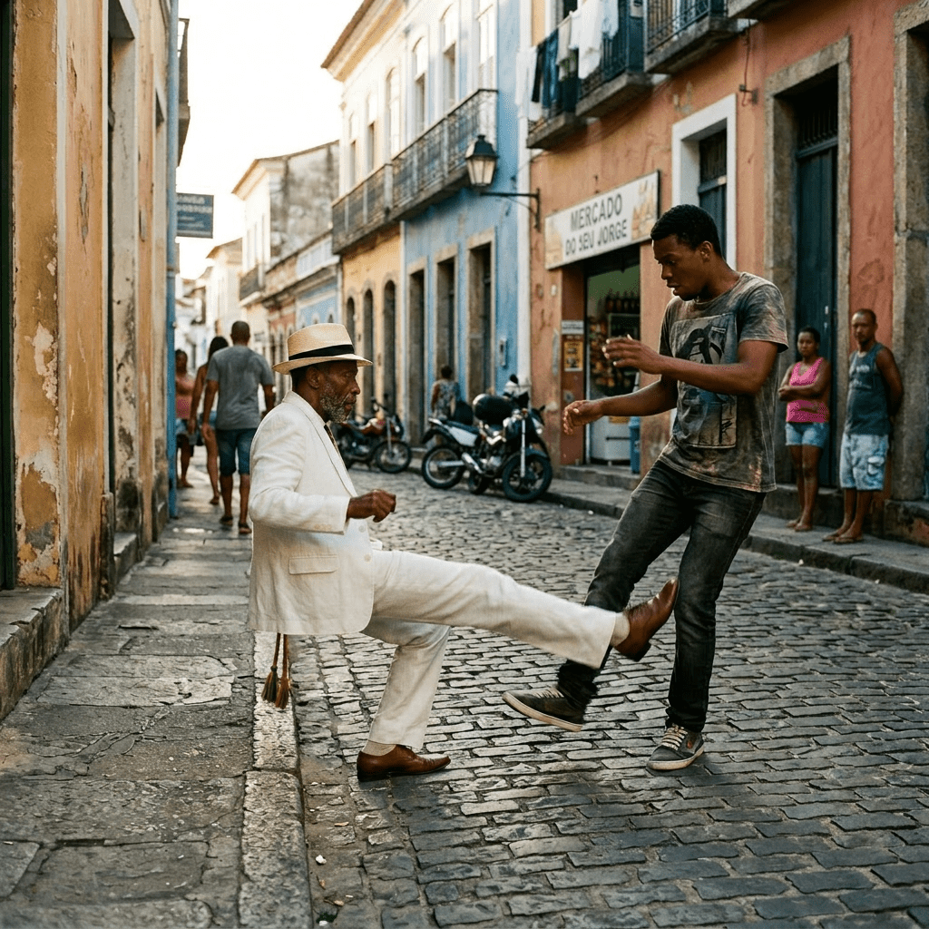 Two men practicing capoeira martial arts on cobblestone street in colorful neighborhood