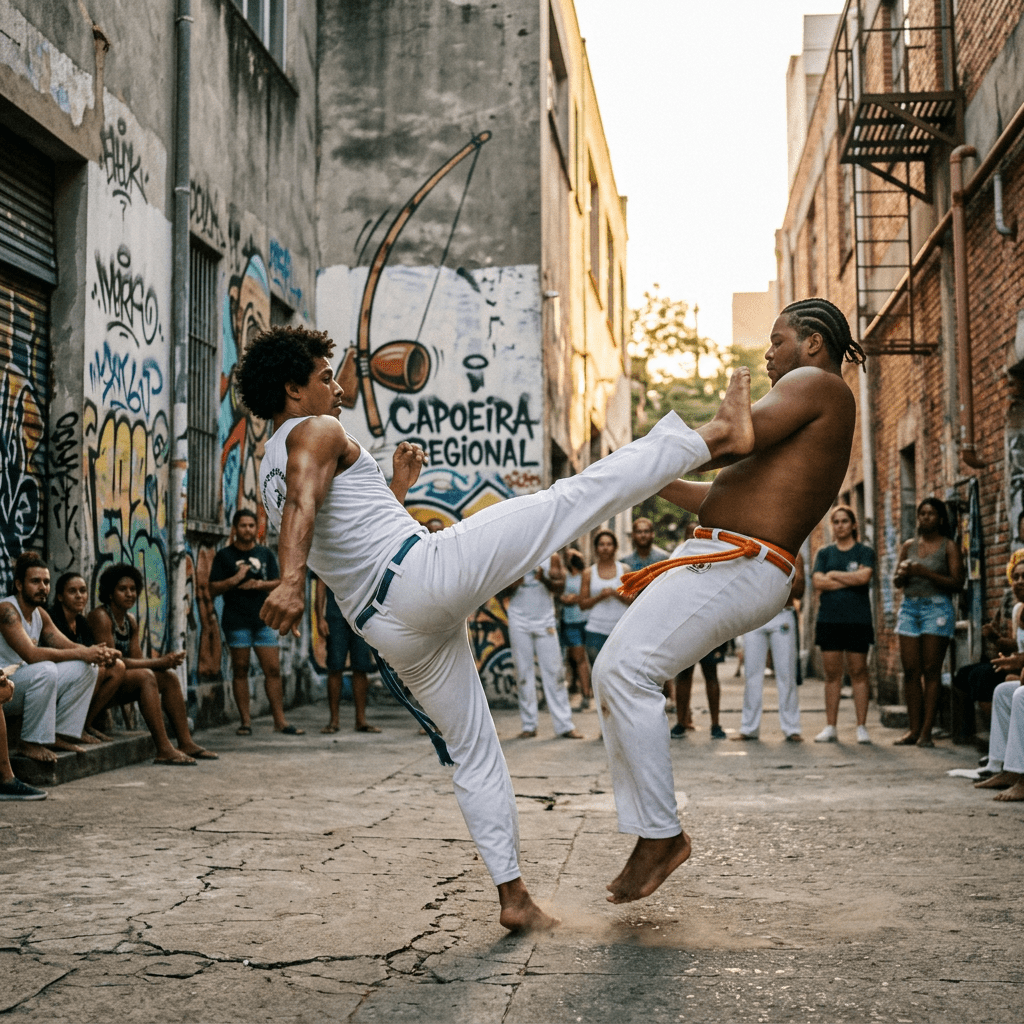 Two men practicing capoeira in an alley with graffiti and spectators watching