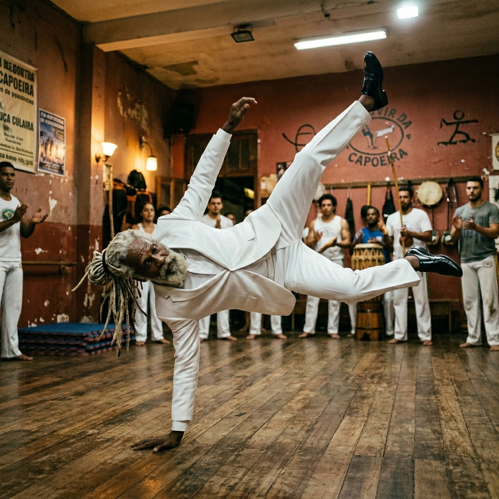 Old mestre performing Au de batido indoors