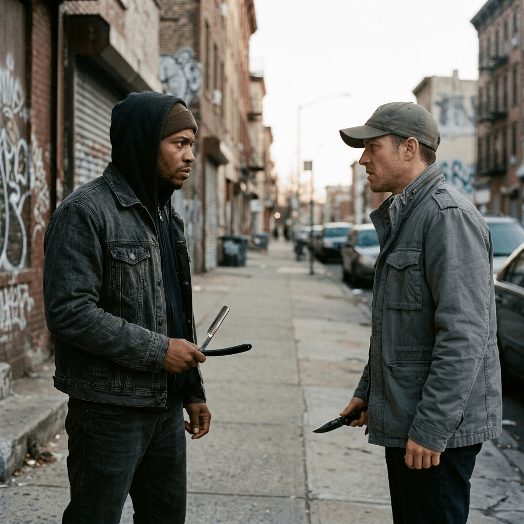 Two men standing on a city sidewalk holding a straight razor and a knife, confronting each other.