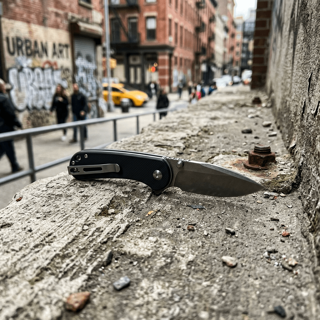 Folding pocket knife with black handle on weathered concrete ledge