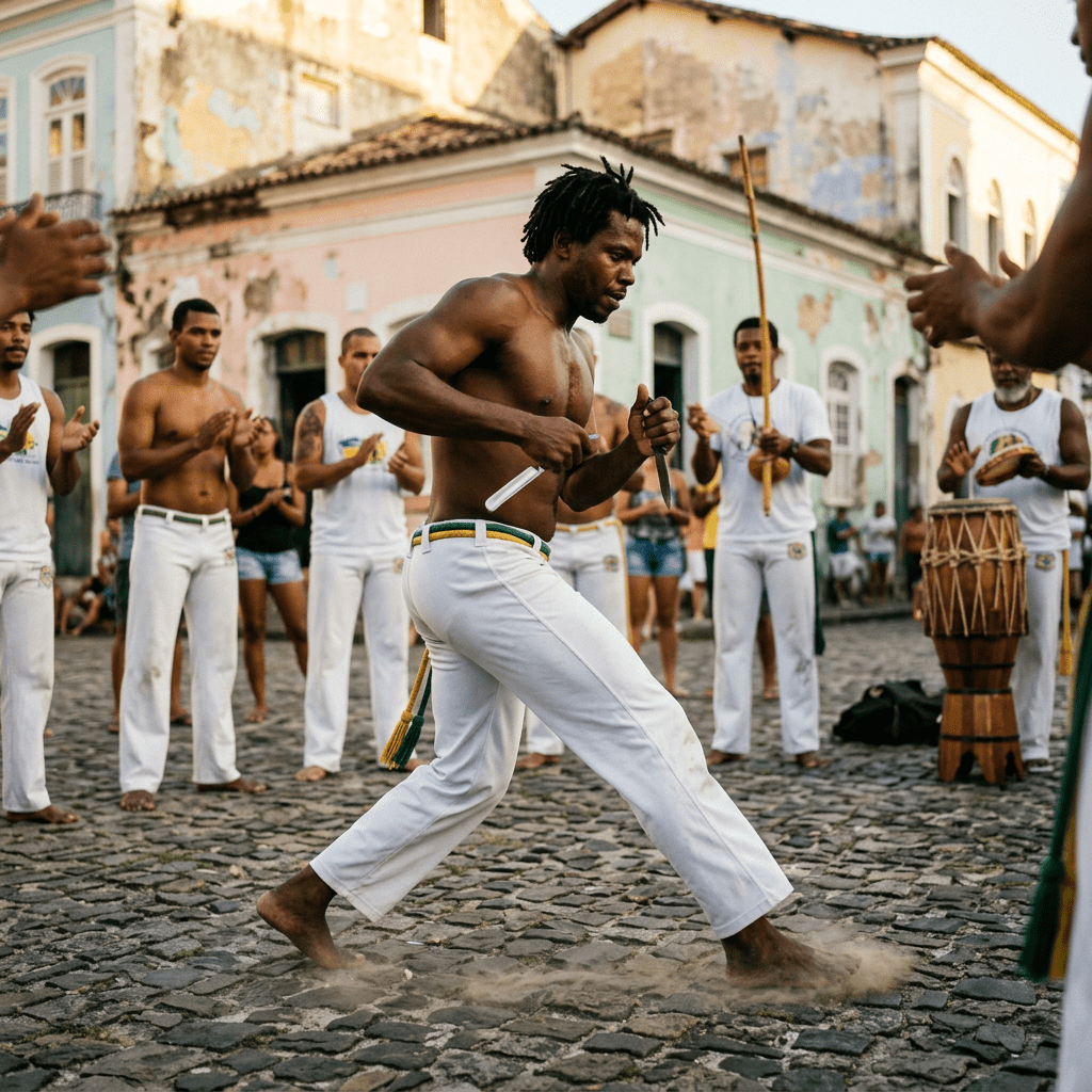 Bare-chested man in white pants performing capoeira surrounded by clapping participants and musical instruments on a cobblestone street