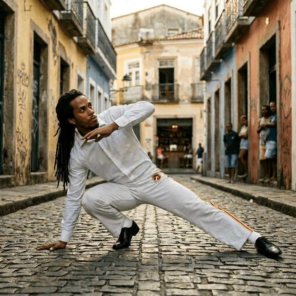 Man performing capoeira pose on cobblestone street with colorful buildings