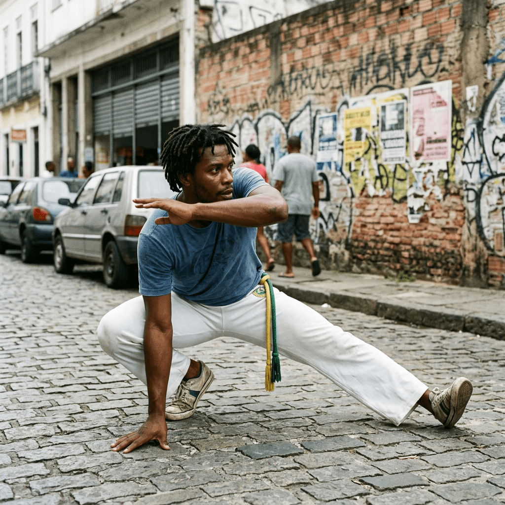 Man in blue shirt and white pants performing capoeira in street with graffiti background
