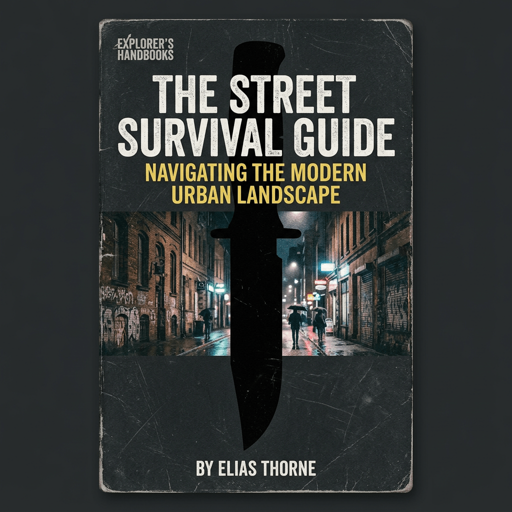 Book cover titled The Street Survival Guide with a silhouette of a knife and a nighttime urban street scene