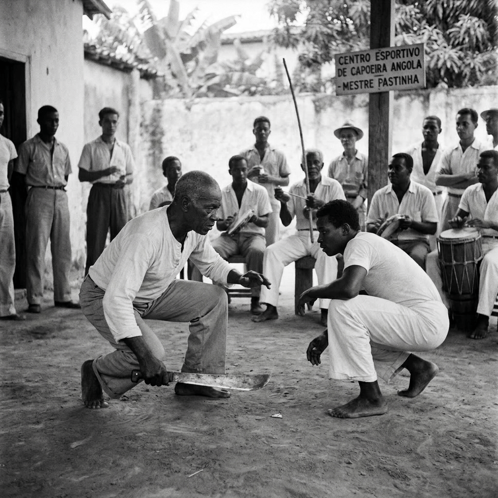 Two men crouch facing each other during a Capoeira Angola session with musicians playing drums and berimbau in the background