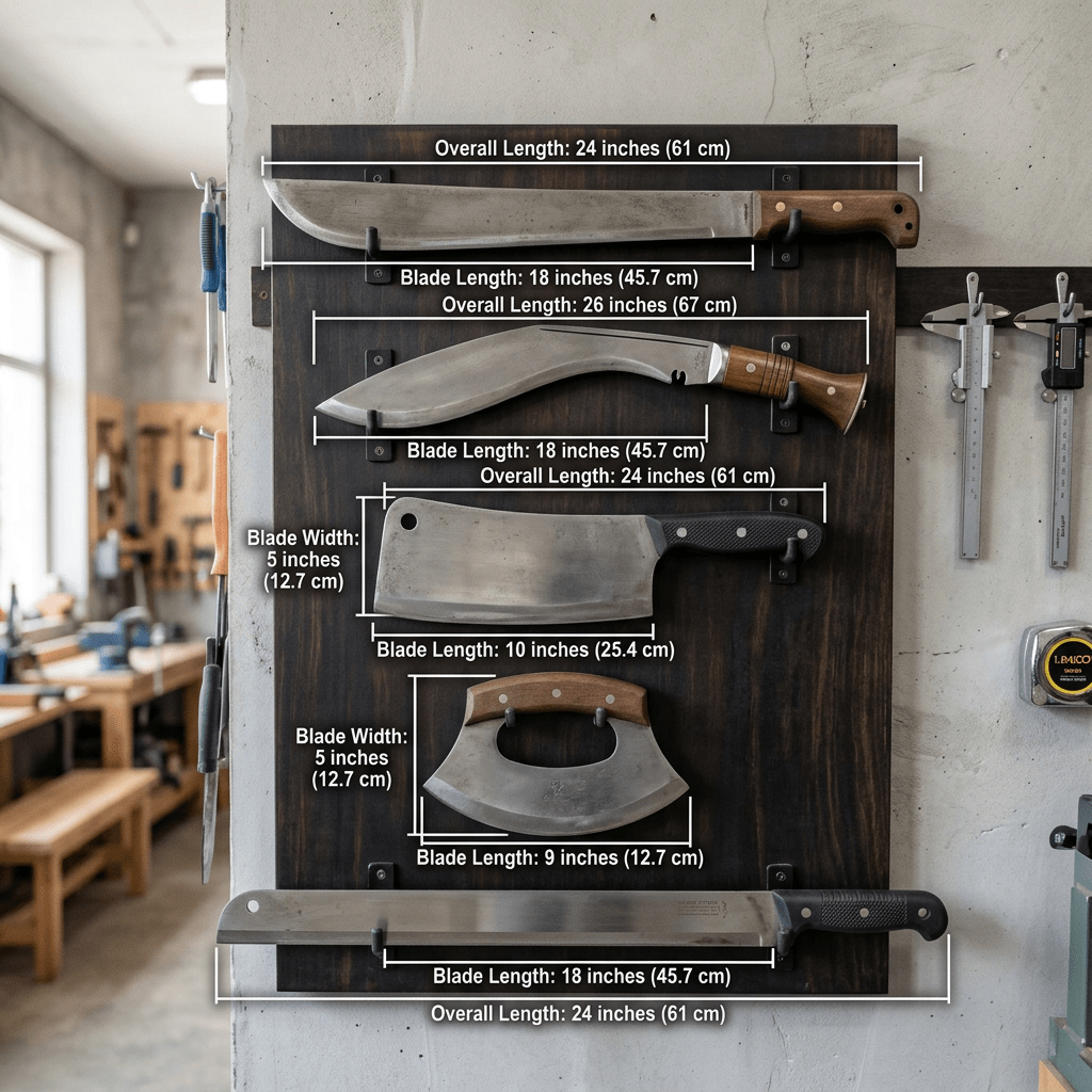 Display of five different knives with blade and overall length measurements in inches and centimeters