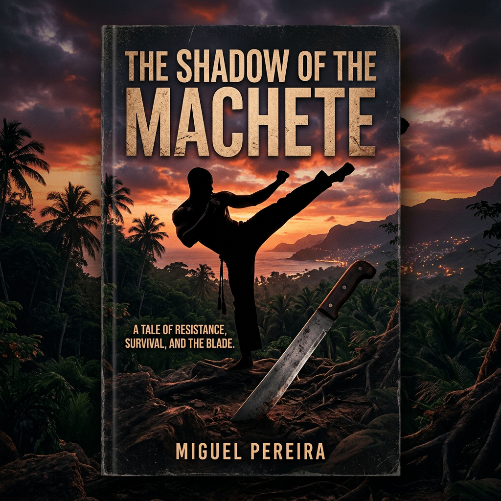 Book cover with machete and capoeira silhouette