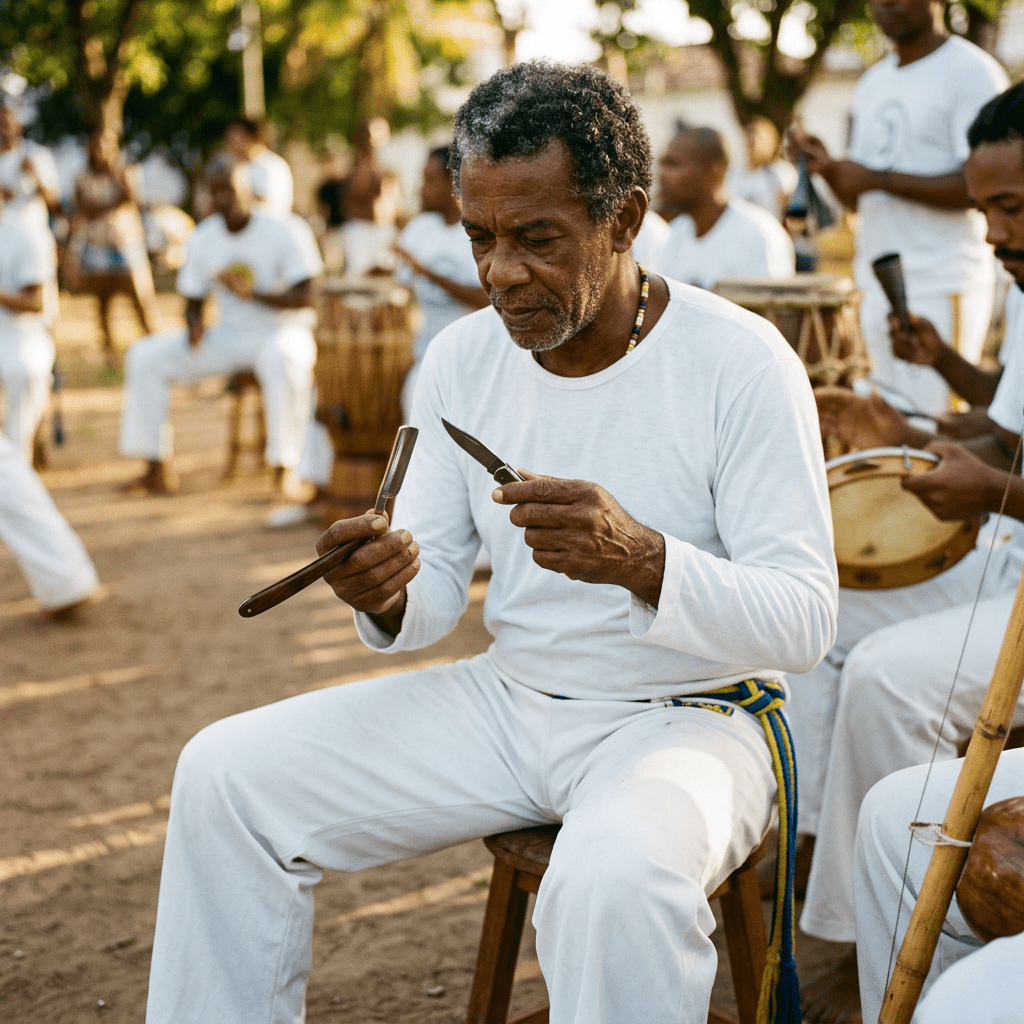 Man holding and examining parts of a berimbau at an outdoor capoeira event