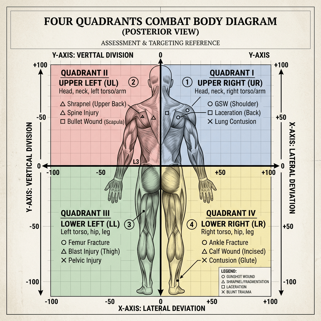 Posterior view body diagram divided into four quadrants labeled upper right, upper left, lower left, and lower right with injury types and locations indicated.
