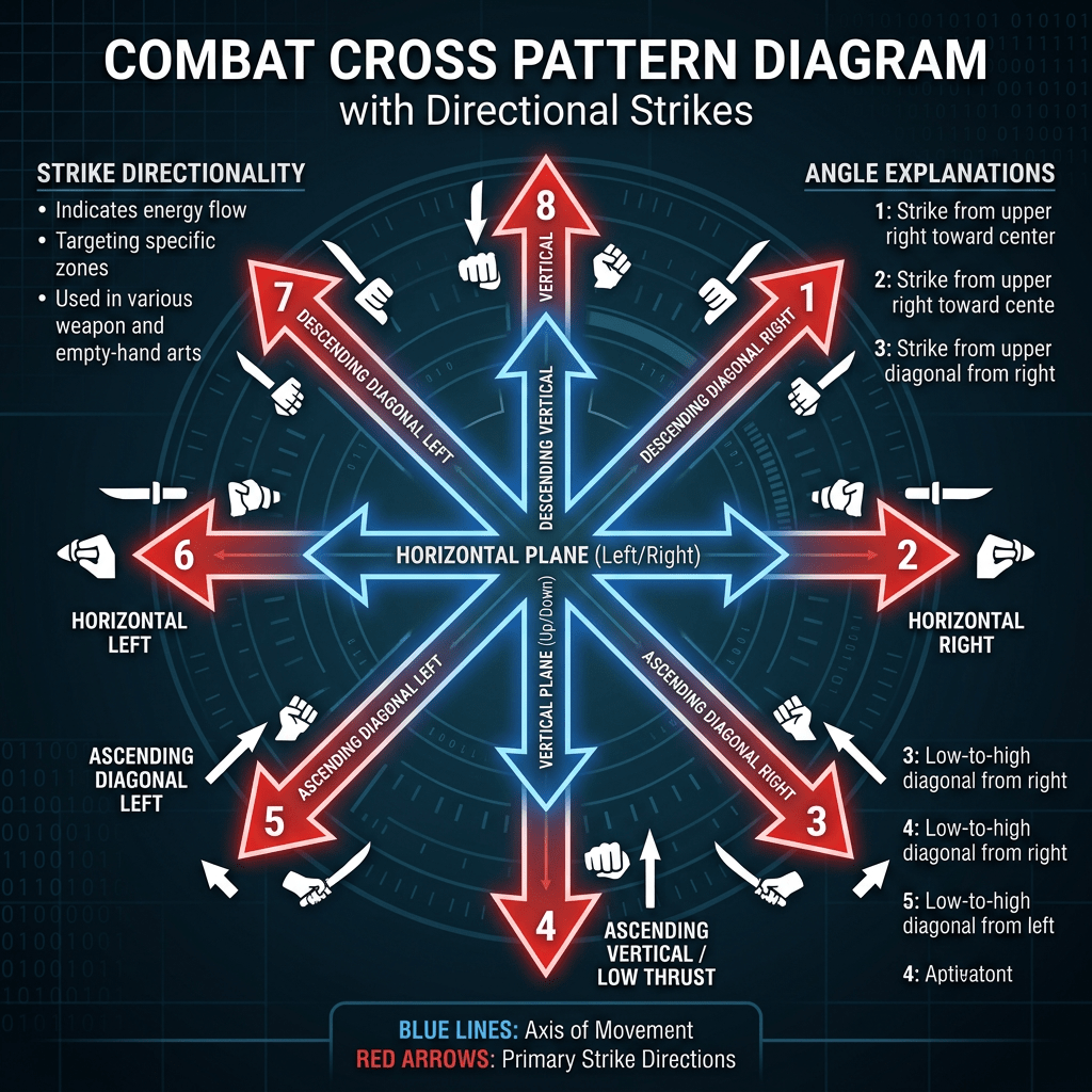 Combat cross pattern diagram illustrating directional strike angles and energy flow with numbered red arrows and blue movement axes