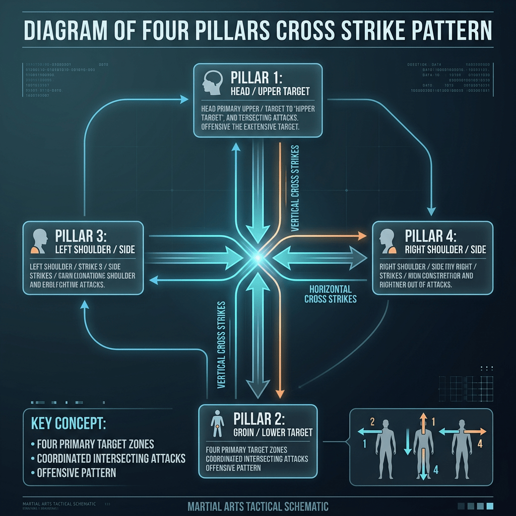 Diagram of four pillars cross strike pattern with head, groin, left shoulder, and right shoulder targets and intersecting attack arrows