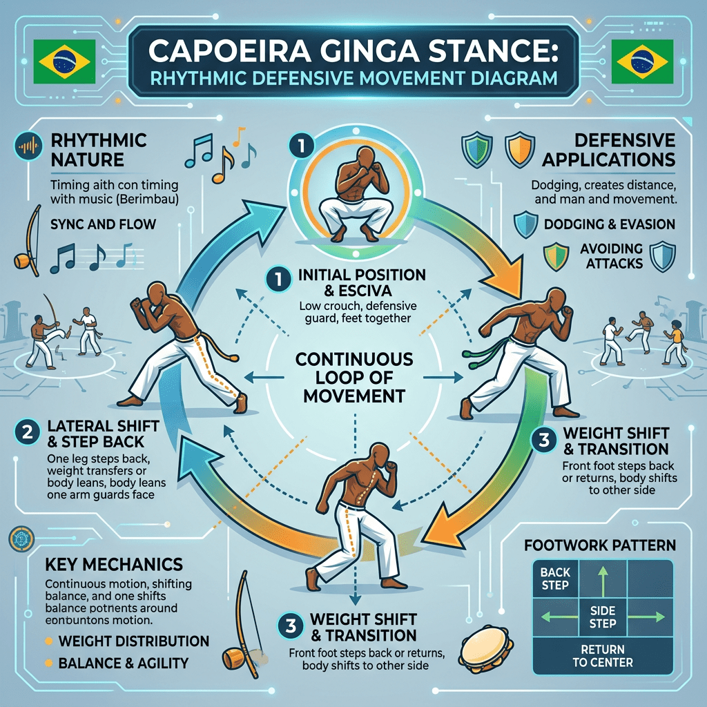 Diagram showing rhythmic defensive movements and weight shifts in Capoeira Ginga stance