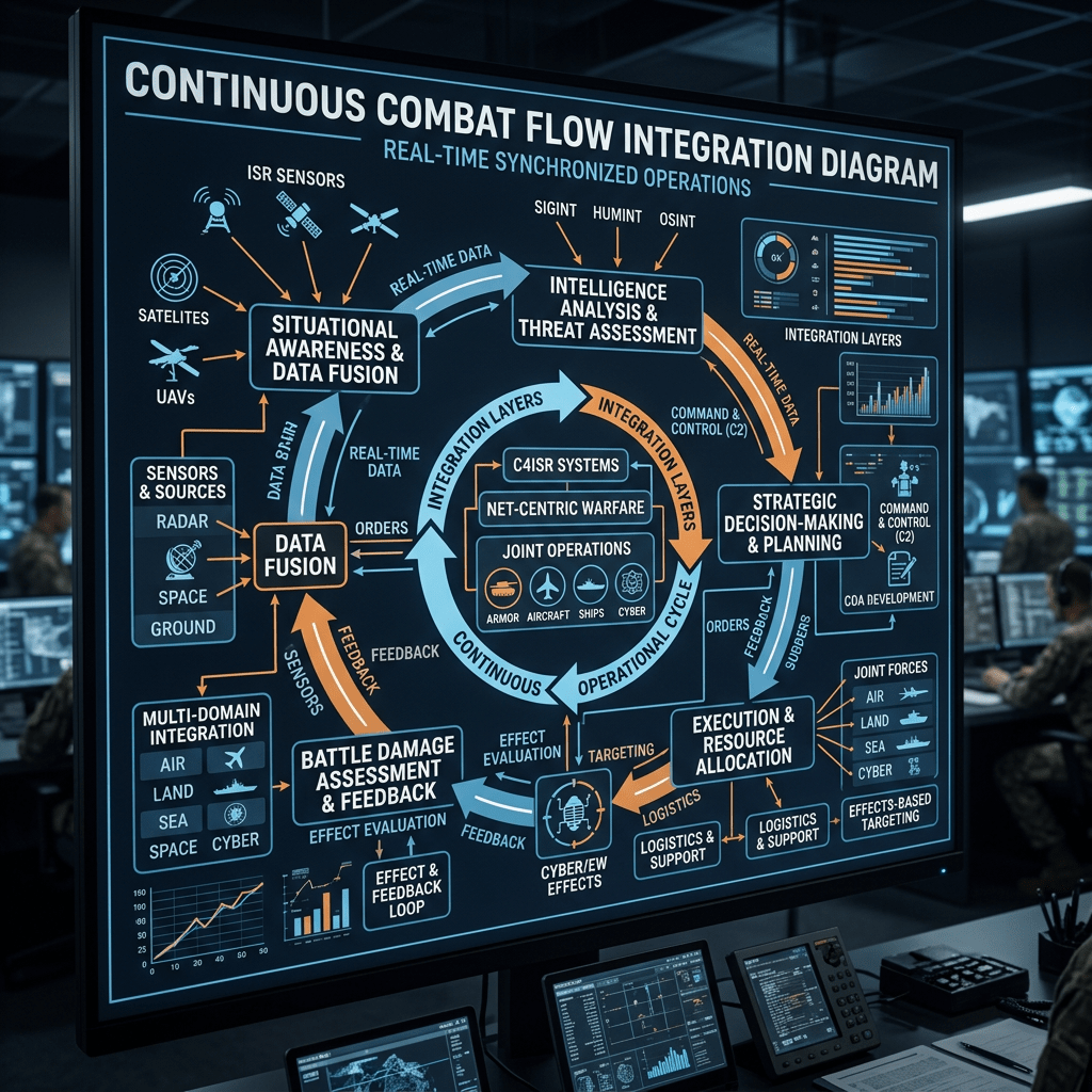 Continuous combat flow integration diagram showing real-time synchronized military operations and data fusion processes.