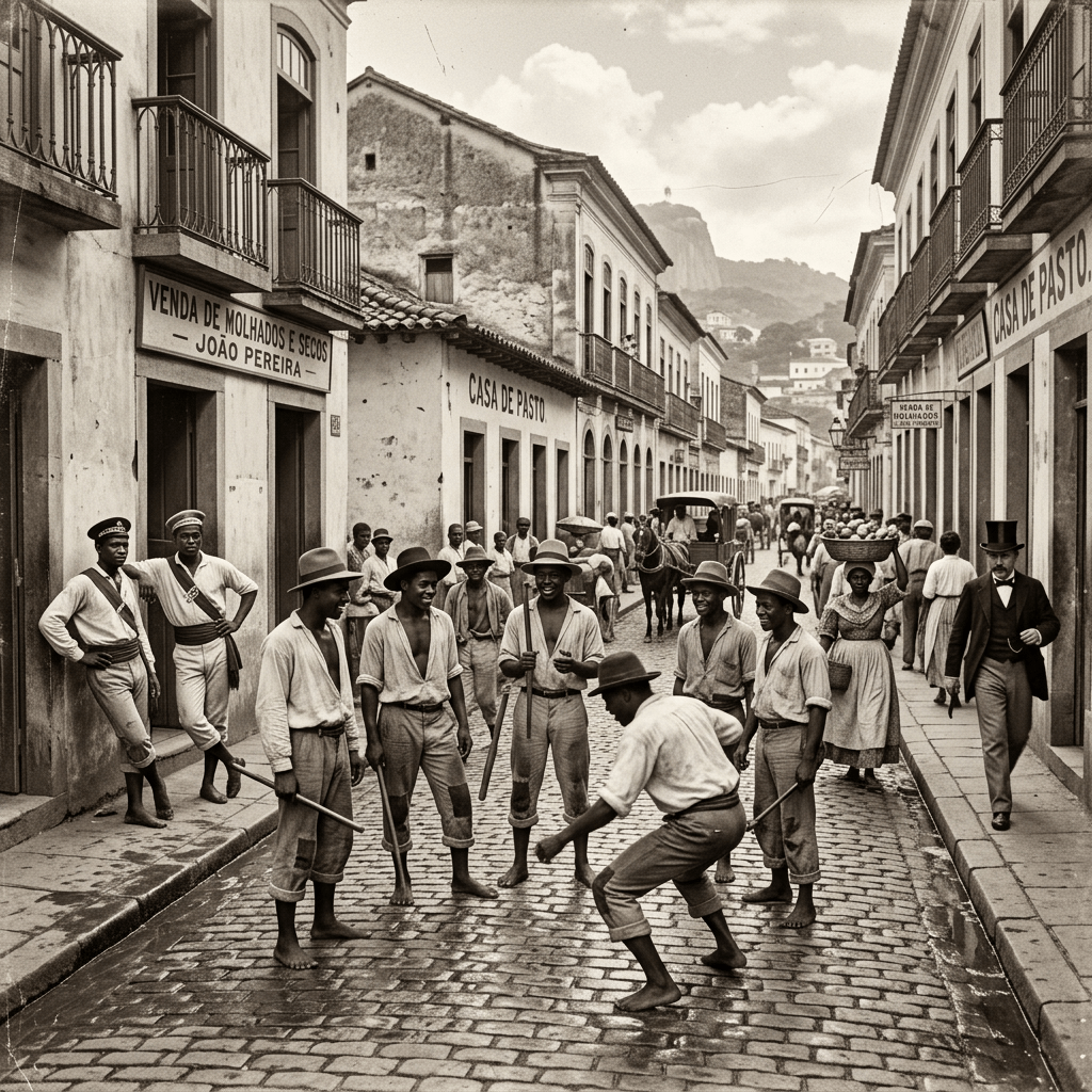 Barefoot men dancing with sticks on a cobblestone street in front of shops.