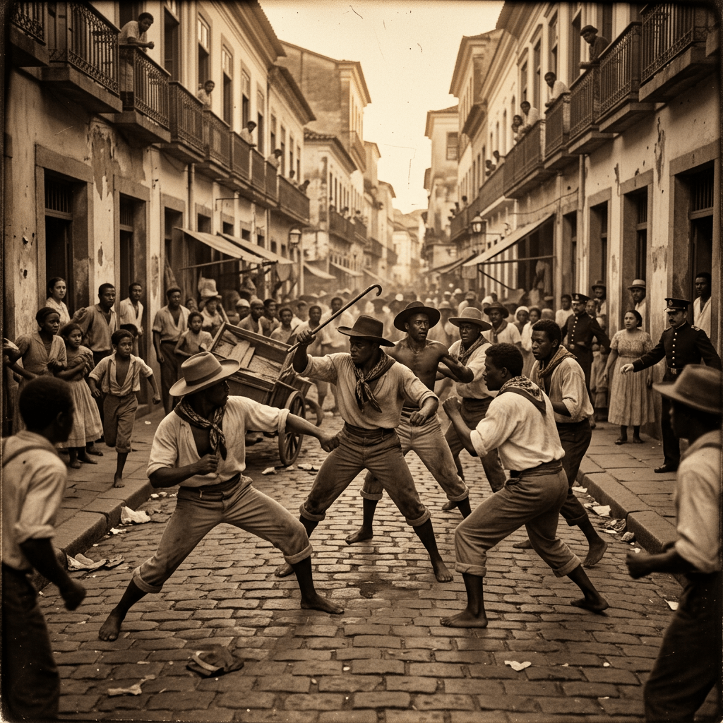 Group of men engaged in a street fight while a crowd watches in an old cobblestone street
