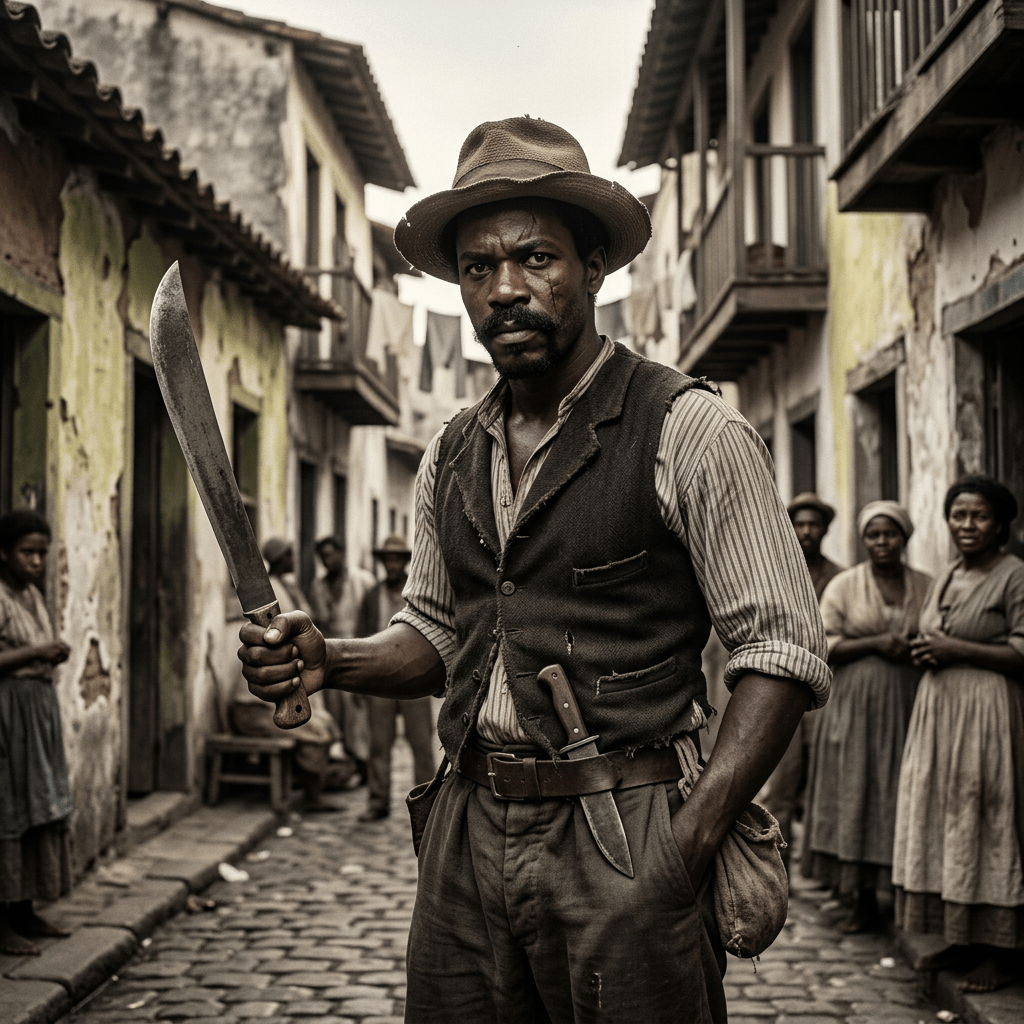 Man with a machete on a cobblestone street in historic clothing