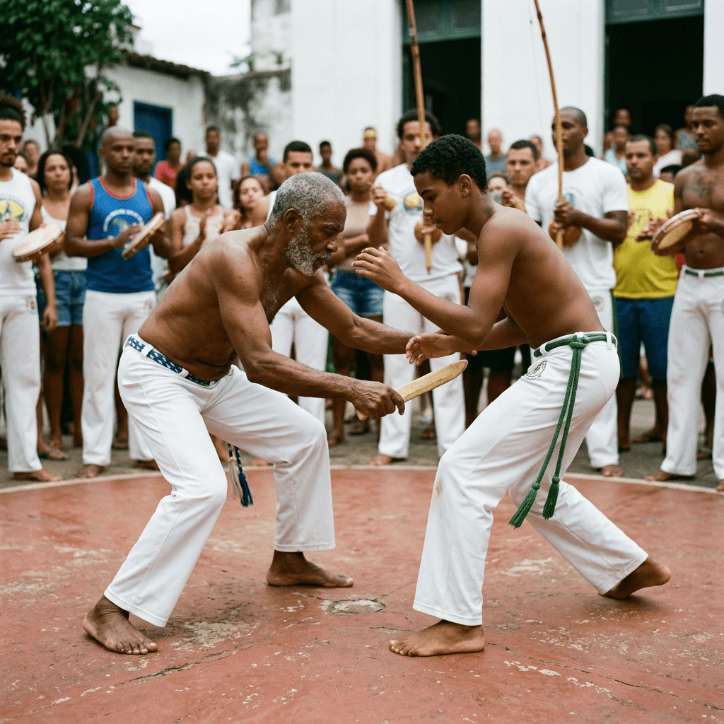 Old mestre playing capoeira knife game with student