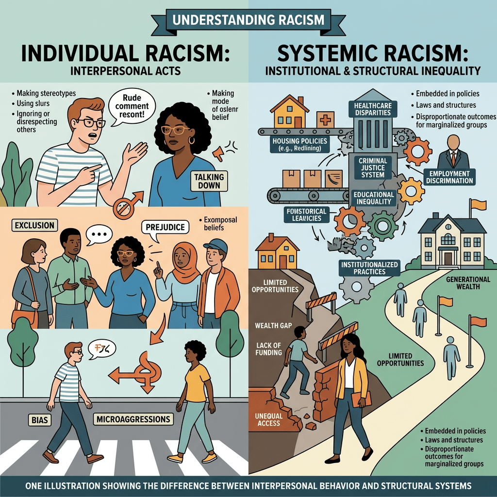 Comparison between individual racism with actions like slurs and prejudice, and systemic racism showing housing, healthcare, education disparities, and institutional barriers.