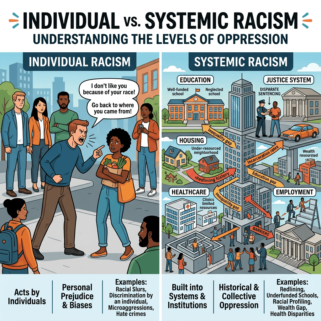 Diagram comparing individual racism as personal prejudice and systemic racism as built into institutions with examples in education, housing, healthcare, justice system, and employment.