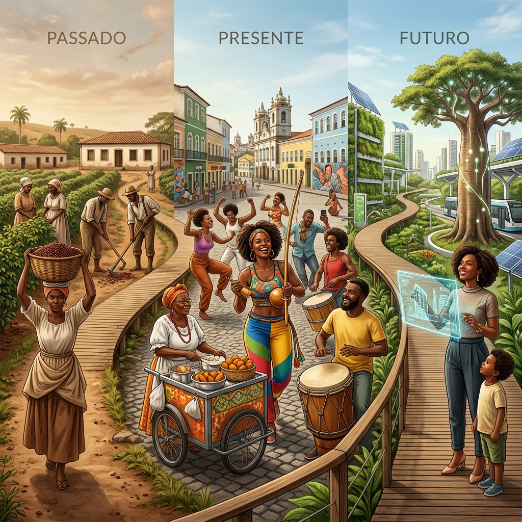 Scenes showing community life in past with farming, present with music and street life, and future with technology and green urban environment