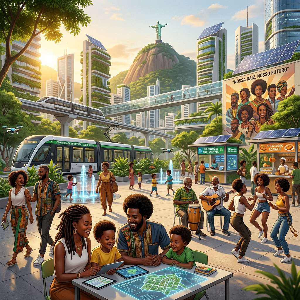 Afro-Brazilian family with tablet and digital map in futuristic urban park with green buildings and cultural activities