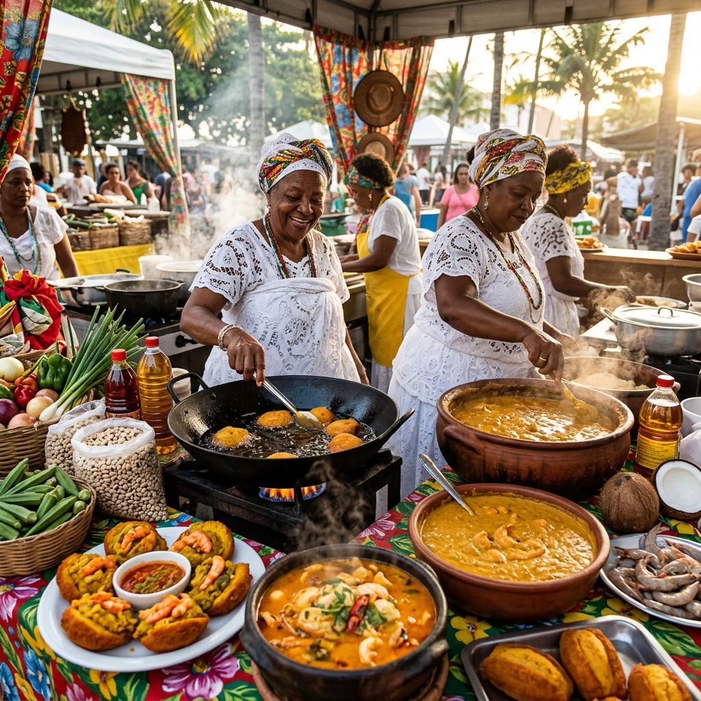 Women in traditional attire cooking and serving Afro-Brazilian food at a market stall
