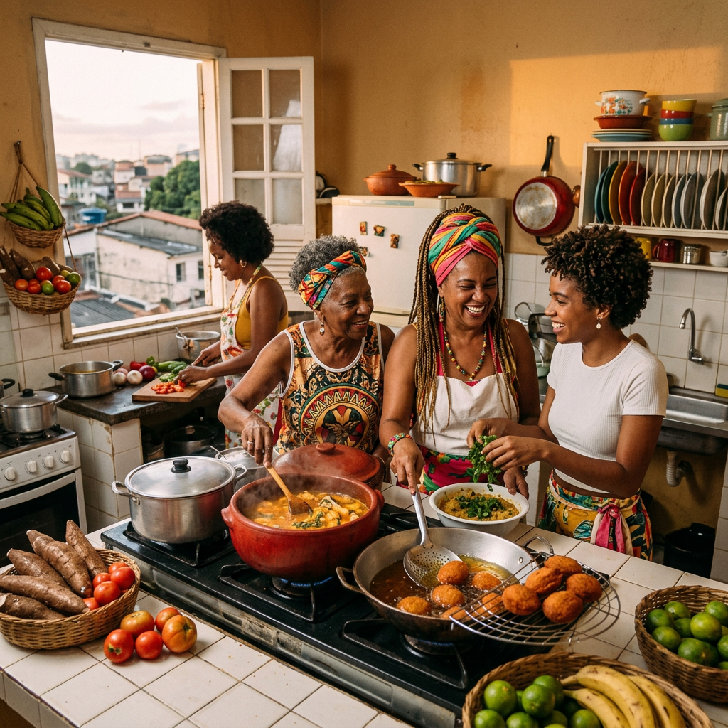 Four women preparing and cooking food in a warm kitchen setting