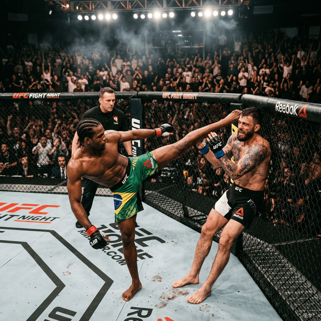 UFC fighter in green shorts kicking opponent in black shorts against cage during match