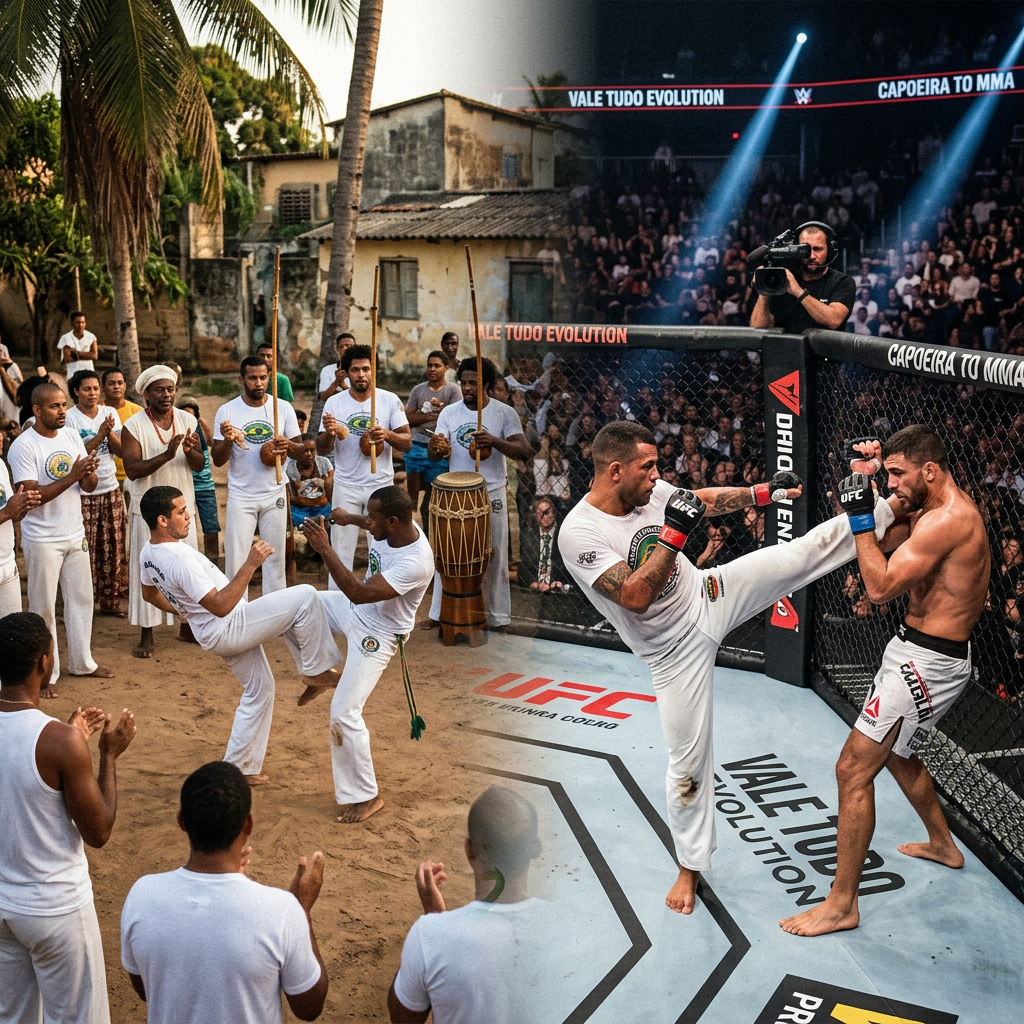 Capoeira evolving into Vale Tudo MMA cage fight
