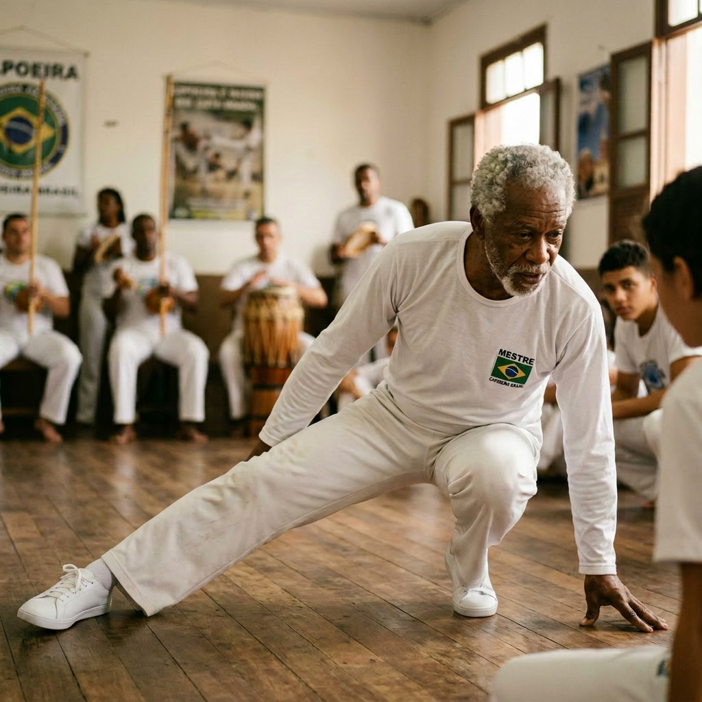 Capoeira master performing a low stance move in a training room