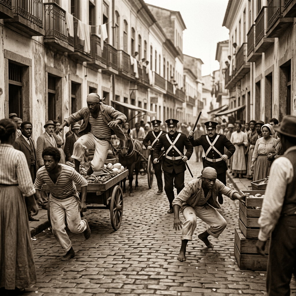 Men fleeing a police chase on a historical cobblestone street with onlookers.
