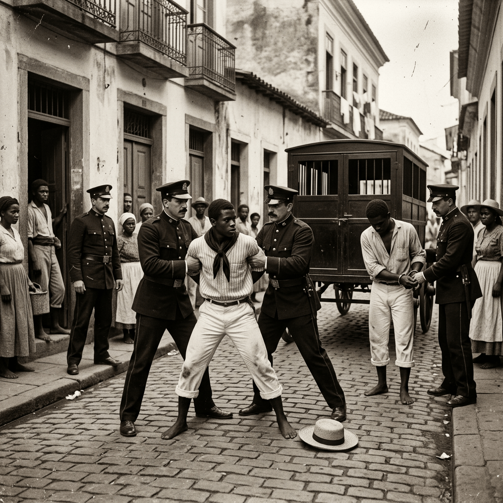 Two Black men handcuffed and held by uniformed police officers on a cobblestone street with a police wagon behind them and a crowd watching.