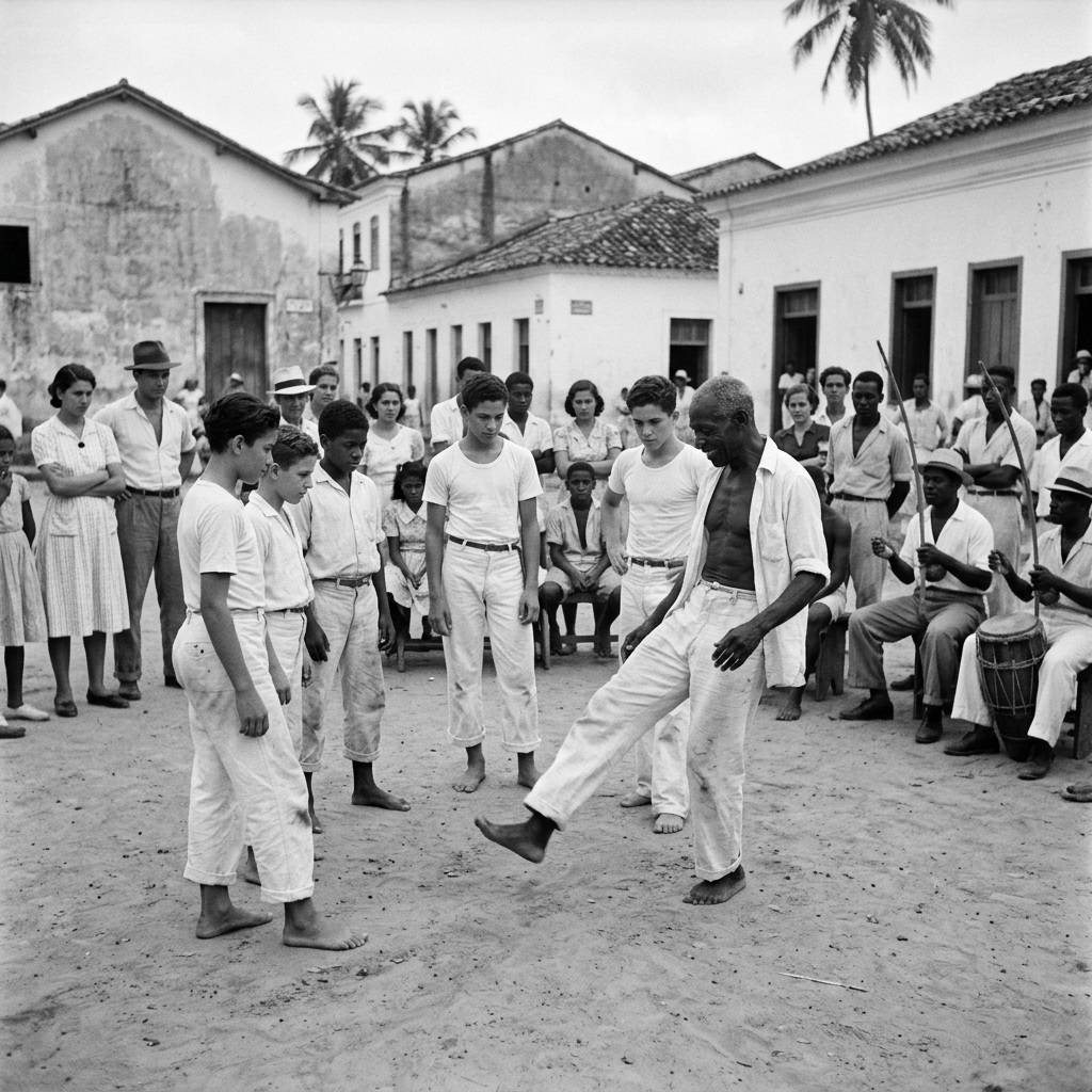 A barefoot man performs a capoeira move in the center of a circle formed by boys and men on a sandy street.