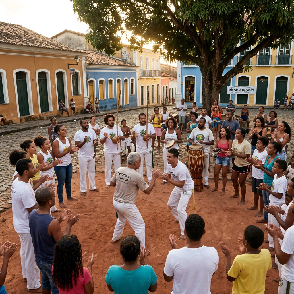 Group practicing capoeira in a circle on a cobblestone street with colorful buildings