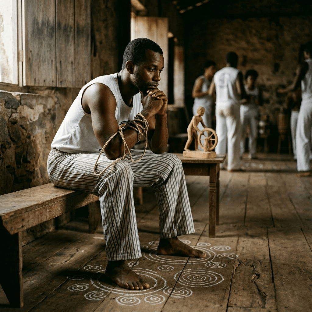 Man sitting on a wooden bench with rope tied around his arm, surrounded by people practicing martial arts