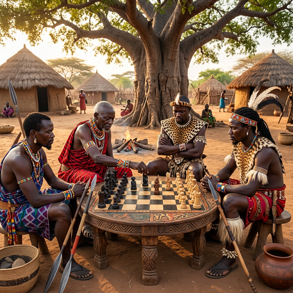 Four men in traditional African clothing playing chess at a carved wooden table outdoors