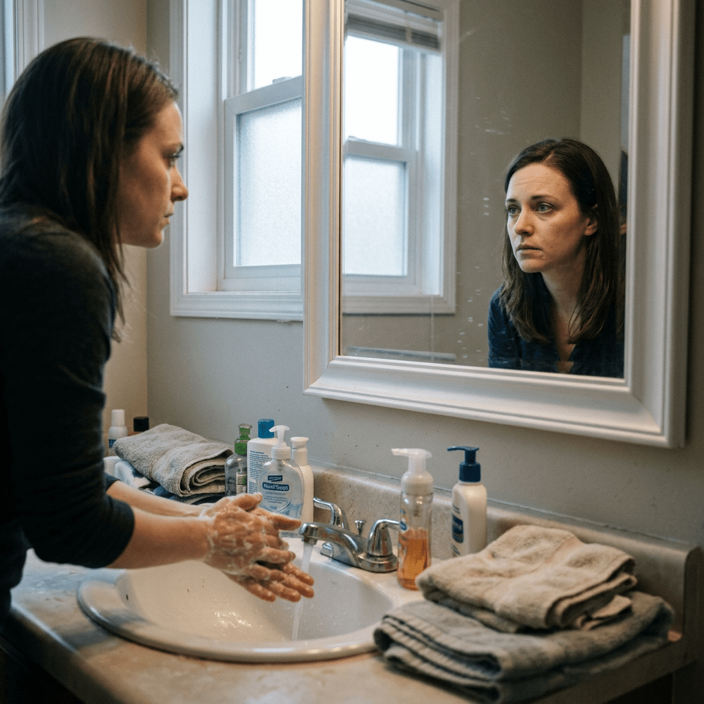 Symbolic scene of compulsive behavior and self-reflection