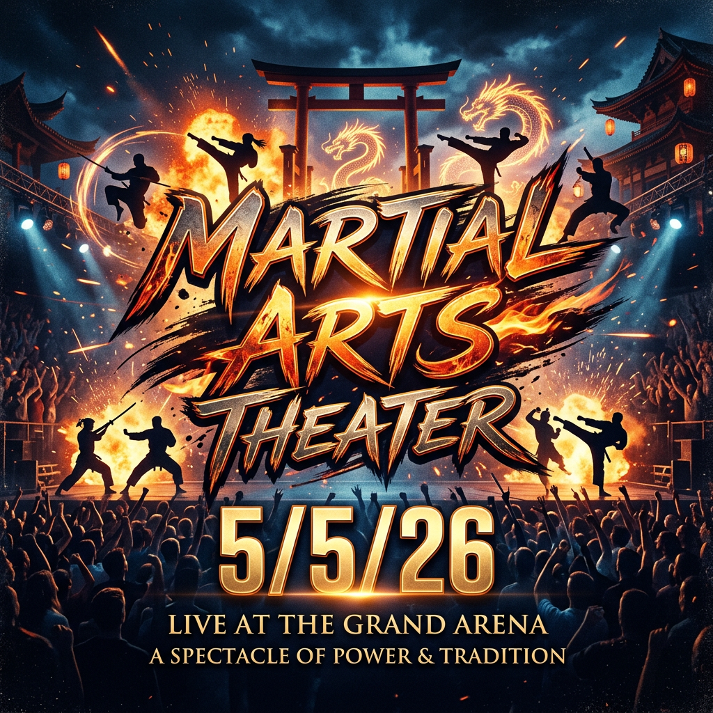 Martial arts theater live show announcement with fighters silhouetted performing kicks and strikes in front of a crowd